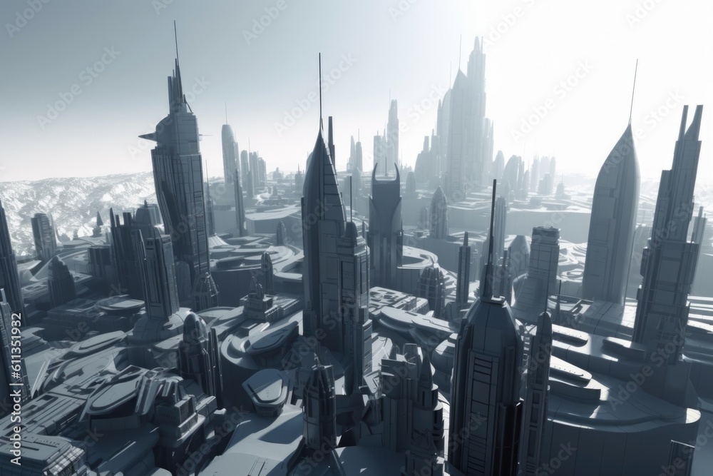 Obraz premium 3d model of futuristic city, with buildings and towers reaching for the sky, created with generative ai