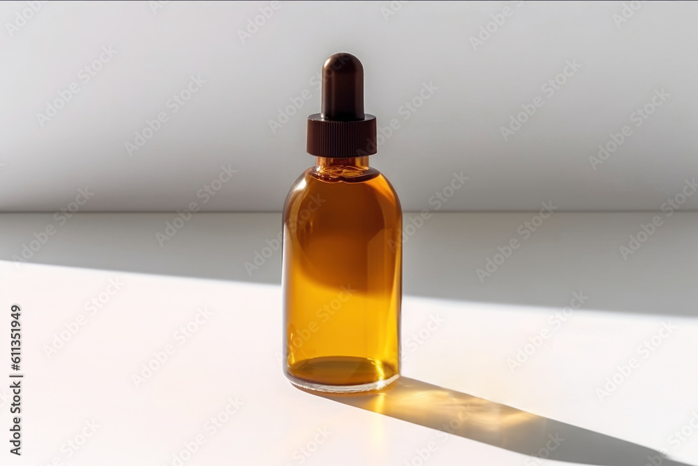 Amber bottle with serum or essential oil on white background with daylight and shadows in minimal style with copy space. Illustration. Generative AI Amber bottle with serum or essential oil on white background with daylight and shadows in minimal style with copy space. Illustration. Generative AI