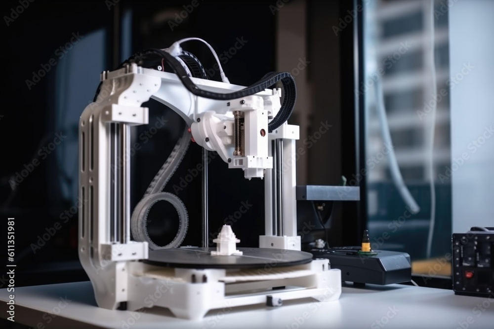 robot arm with 3d printer at work, printing out new part, created with generative ai robot arm with 3d printer at work, printing out new part, created with generative ai