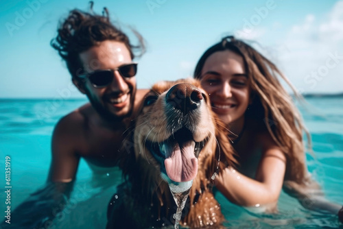 Happy couple playing with their dog and swimming in the sea a fun afternoon on summer vacation. Holidays with pets. illustration. Generative AI