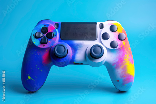 game controller, joystick, gamepad with colorful powder explosion on blue background .Video games. Illustration. Generative AI