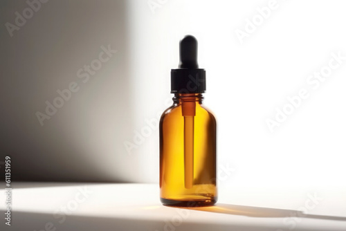 Amber bottle with serum or essential oil on white background with daylight and shadows in minimal style with copy space. Illustration. Generative AI