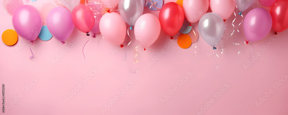 Pink festive balloons background banner for celebration, birthday, party, new year - Generative AI