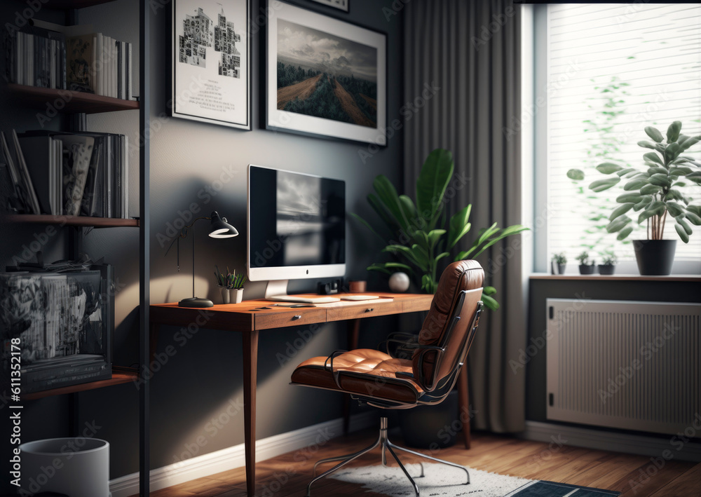 comfortable home office workplace in modern style, in clear space, computer screen, decoration and space without people-Illustration. Generative AI comfortable home office workplace in modern style, in clear space, computer screen, decoration and space without people-Illustration. Generative AI