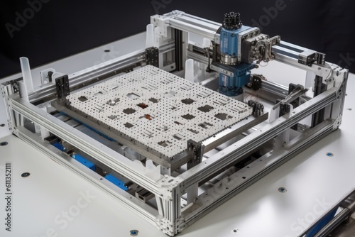 robot printing tray filled with different materials, including metal and plastic, created with generative ai
