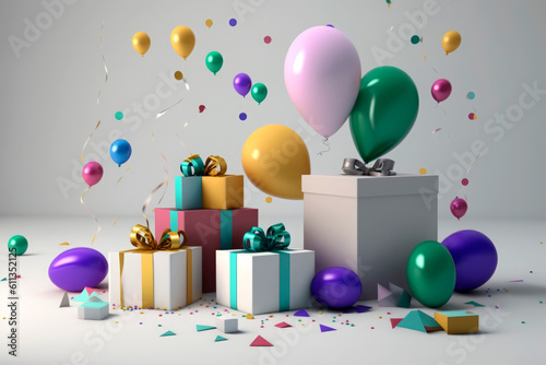Colorful Birthday, Boxs Gift with helium Balloons and confetti on white background and soft acolors. Ilustration. Generative AI photo