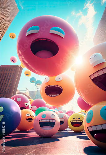 Giant emojis on the street, expressing emotions loose throughout the city. They interact with people. Illustration. Generative AI