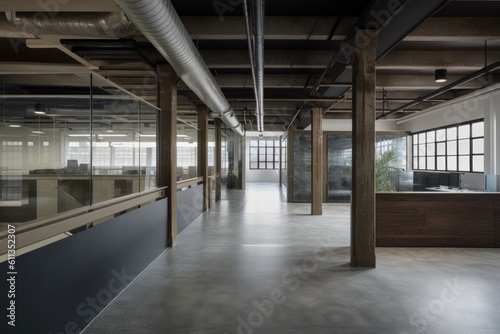 adaptive reuse project of an abandoned warehouse into modern offices with open floor plan, created with generative ai