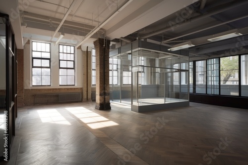 historic building being converted into modern office space, with glass walls and open floor plan, created with generative ai