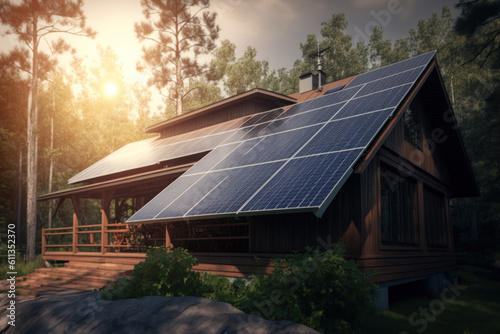 Solar panels on the roof of a country house. Photorealistic illustration generative AI.