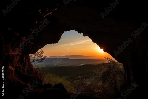 cave in mountain, with view of the sunset over the horizon, and silhouettes of trees visible, created with generative ai