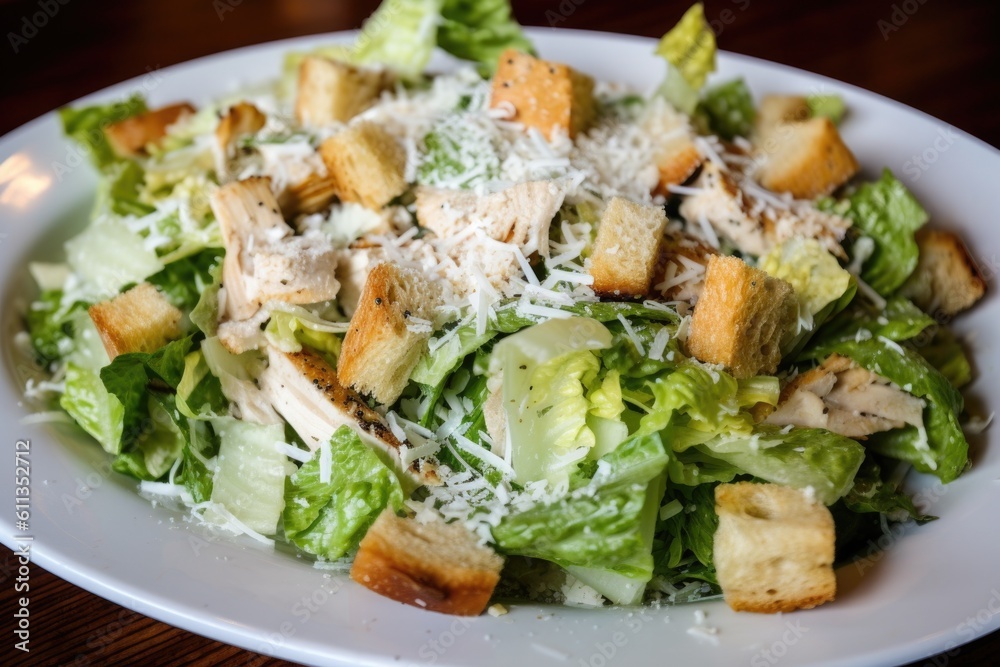 plate of chicken caesard salad, topped with croutons and shaved parmesan cheese, created with generative ai plate of chicken caesard salad, topped with croutons and shaved parmesan cheese, created with generative ai