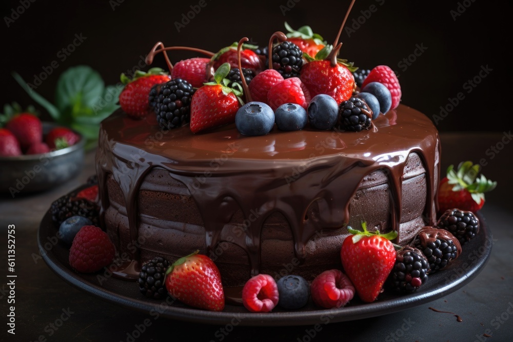 chocolate cake, with rich chocolate ganache and fresh berries on top, created with generative ai chocolate cake, with rich chocolate ganache and fresh berries on top, created with generative ai