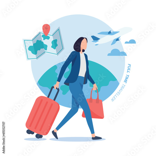 Female tourist and travel concept. Tourists with Suitcases about to board a plane.