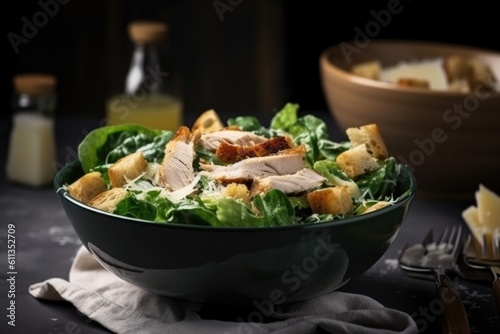 tasty chicken caesar salad with crispy croutons  shaved cheese and fresh herbs  created with generative ai