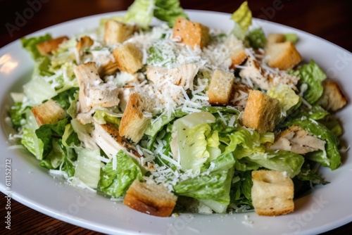 plate of chicken caesard salad, topped with croutons and shaved parmesan cheese, created with generative ai