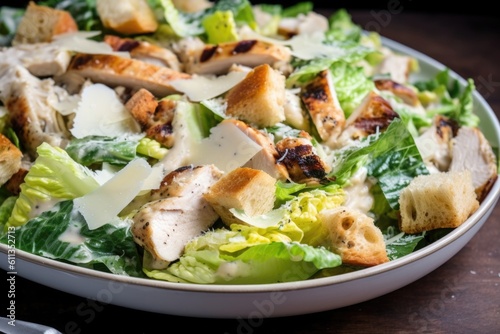 a colorful and healthy chicken caesar salad, featuring juicy grilled chicken , crisp romaine lettuce, creamy caesar dressing & crunchy croutons, created with generative ai