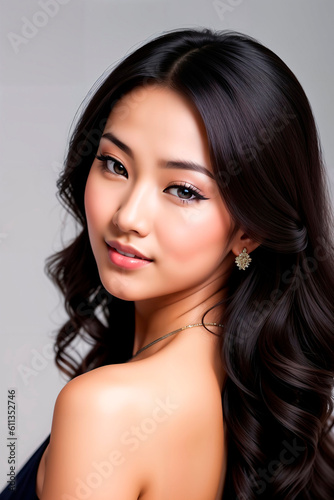 Asian girl with long and shiny wavy hair on grey background. Beautiful model with curly hairstyle. Generative AI.