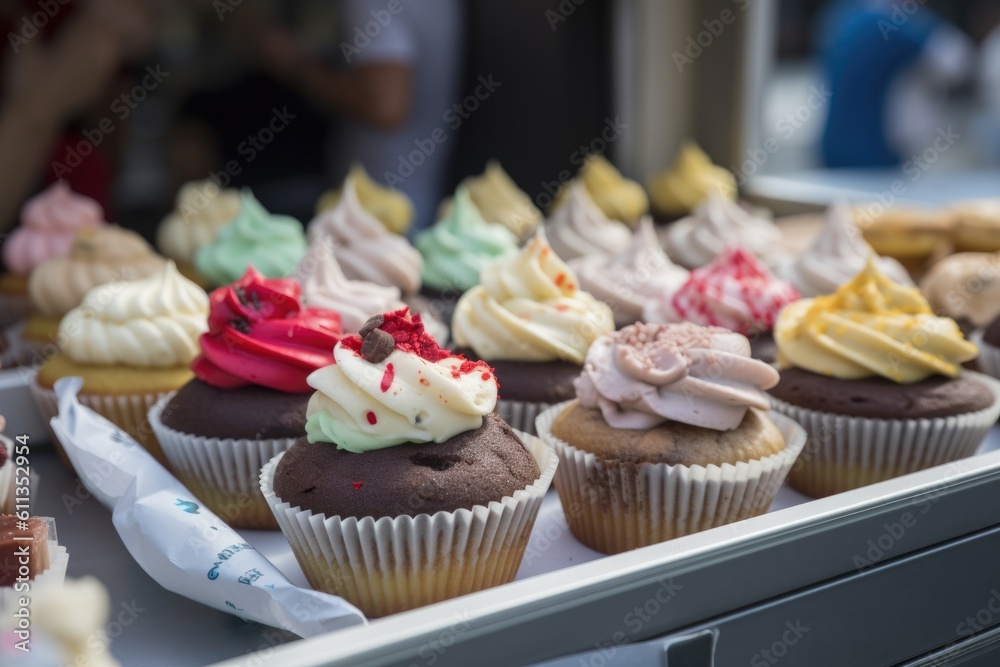 classic and gourmet cupcakes being sold at food truck festival, created with generative ai