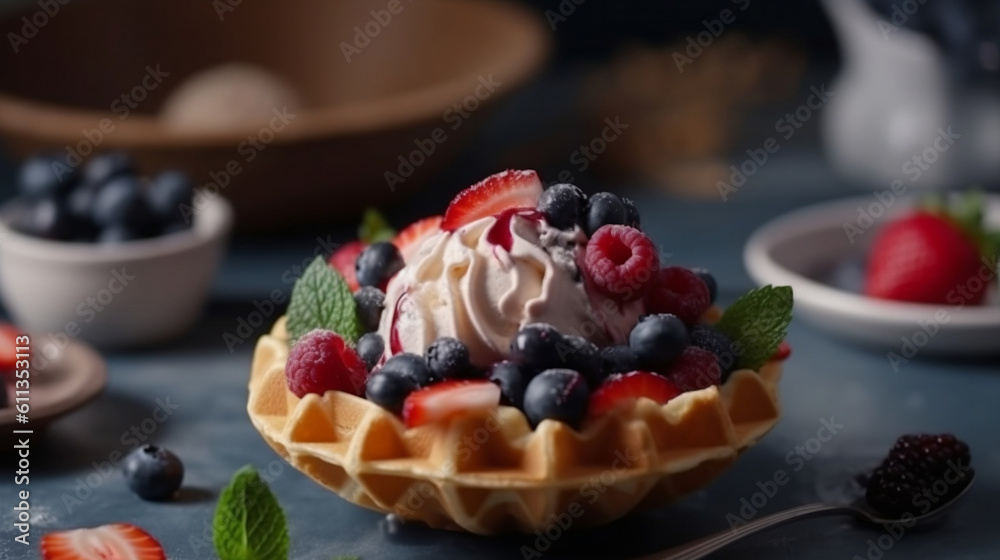 Delicious sundae ice cream with waffle cone. Ice cream with blueberries and strawberries in bowl. Generative ai. Delicious sundae ice cream with waffle cone. Ice cream with blueberries and strawberries in bowl. Generative ai.