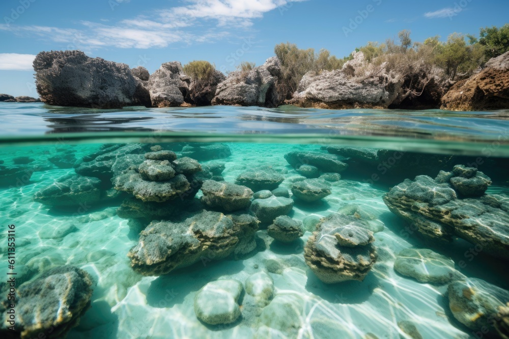 submerged rock formations in crystal-clear waters of the ocean, created with generative ai