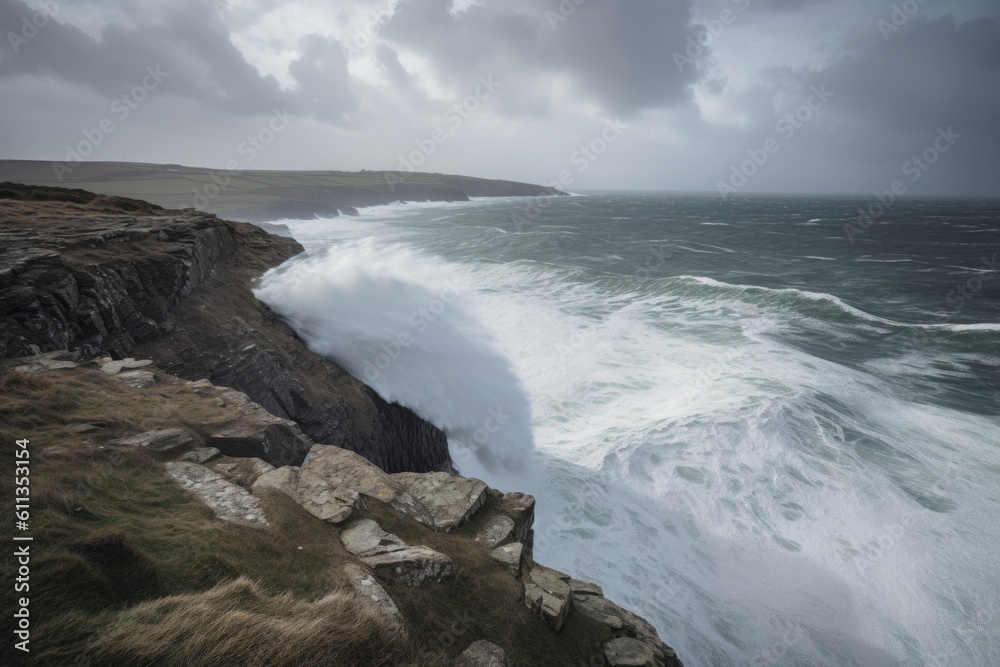 clifftop view of crashing waves and stormy sky, created with generative ai