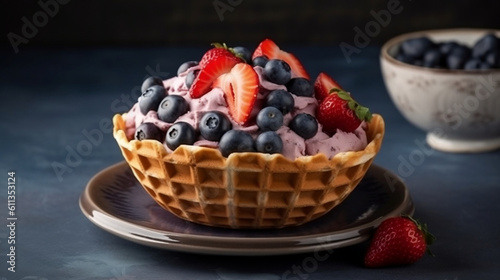 Delicious sundae ice cream with waffle cone. Ice cream with blueberries and strawberries in bowl. Generative ai.