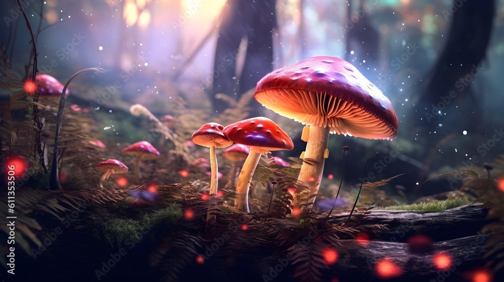 Magic Mushroom Nestled in the Forest Setting, Generative AI