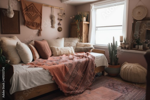 cozy room with tasseled pillows, cozy blankets, and vintage decor, created with generative ai