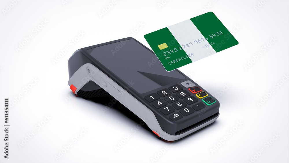Nigeria country national flag on credit bank card with POS point of sale terminal payment isolated on white background with empty space 3d rendering image realistic mockup Nigeria country national flag on credit bank card with POS point of sale terminal payment isolated on white background with empty space 3d rendering image realistic mockup