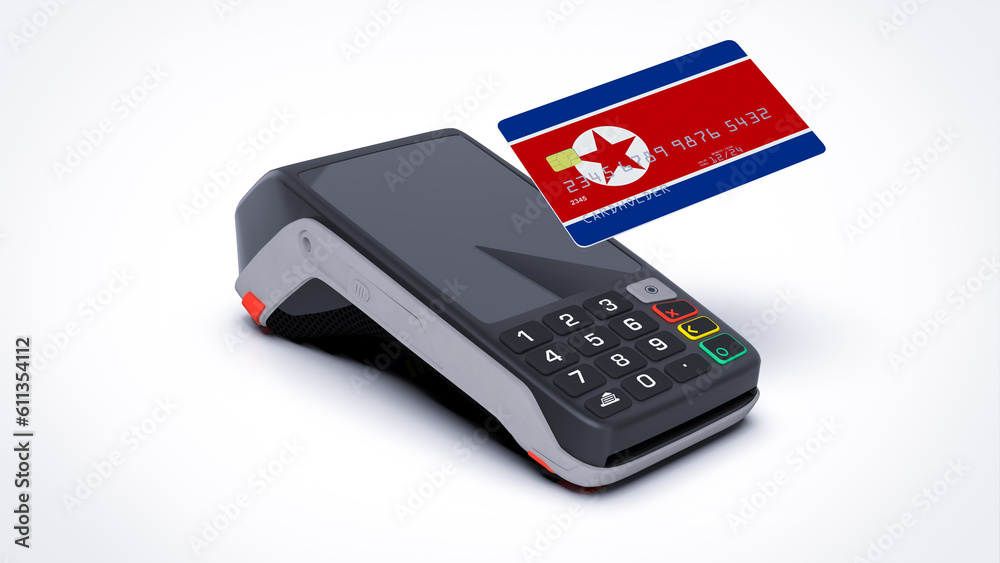 North Korea country national flag on credit bank card with POS point of sale terminal payment isolated on white background with empty space 3d rendering image realistic mockup North Korea country national flag on credit bank card with POS point of sale terminal payment isolated on white background with empty space 3d rendering image realistic mockup