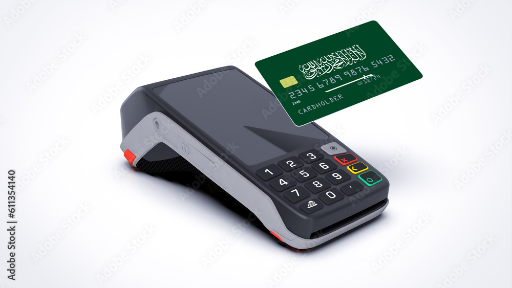 Saudi Arabia country national flag on credit bank card with POS point of sale terminal payment isolated on white background with empty space 3d rendering image realistic mockup Saudi Arabia country national flag on credit bank card with POS point of sale terminal payment isolated on white background with empty space 3d rendering image realistic mockup