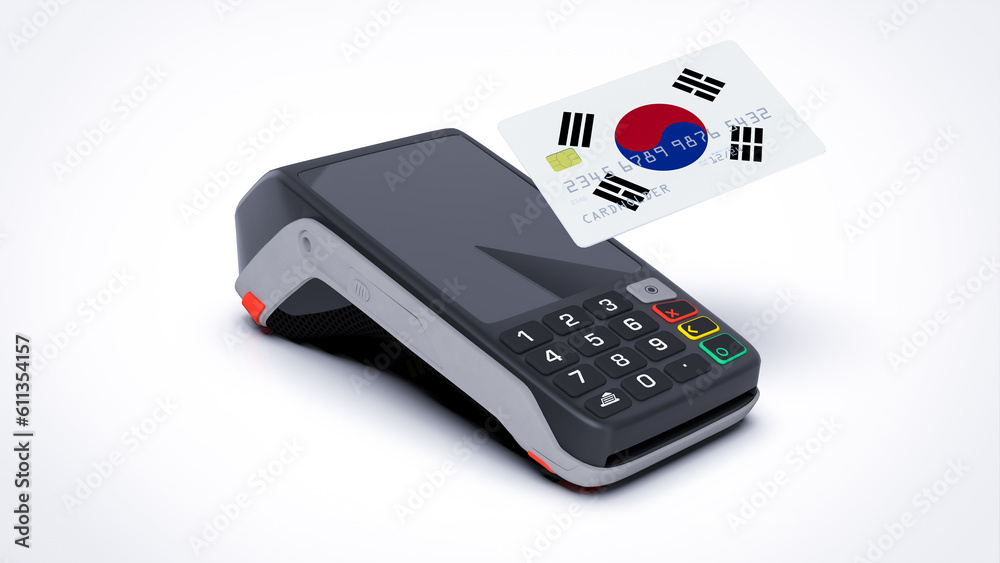 South Korea country national flag on credit bank card with POS point of sale terminal payment isolated on white background with empty space 3d rendering image realistic mockup South Korea country national flag on credit bank card with POS point of sale terminal payment isolated on white background with empty space 3d rendering image realistic mockup
