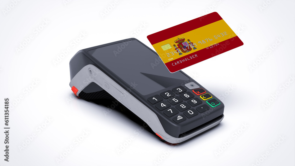 Spain country national flag on credit bank card with POS point of sale terminal payment isolated on white background with empty space 3d rendering image realistic mockup Spain country national flag on credit bank card with POS point of sale terminal payment isolated on white background with empty space 3d rendering image realistic mockup