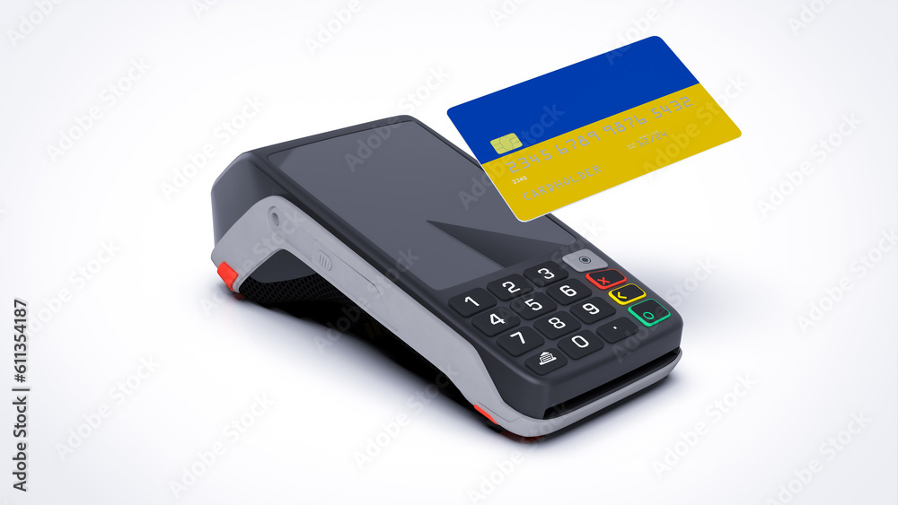 Ukraine country national flag on credit bank card with POS point of sale terminal payment isolated on white background with empty space 3d rendering image realistic mockup Ukraine country national flag on credit bank card with POS point of sale terminal payment isolated on white background with empty space 3d rendering image realistic mockup