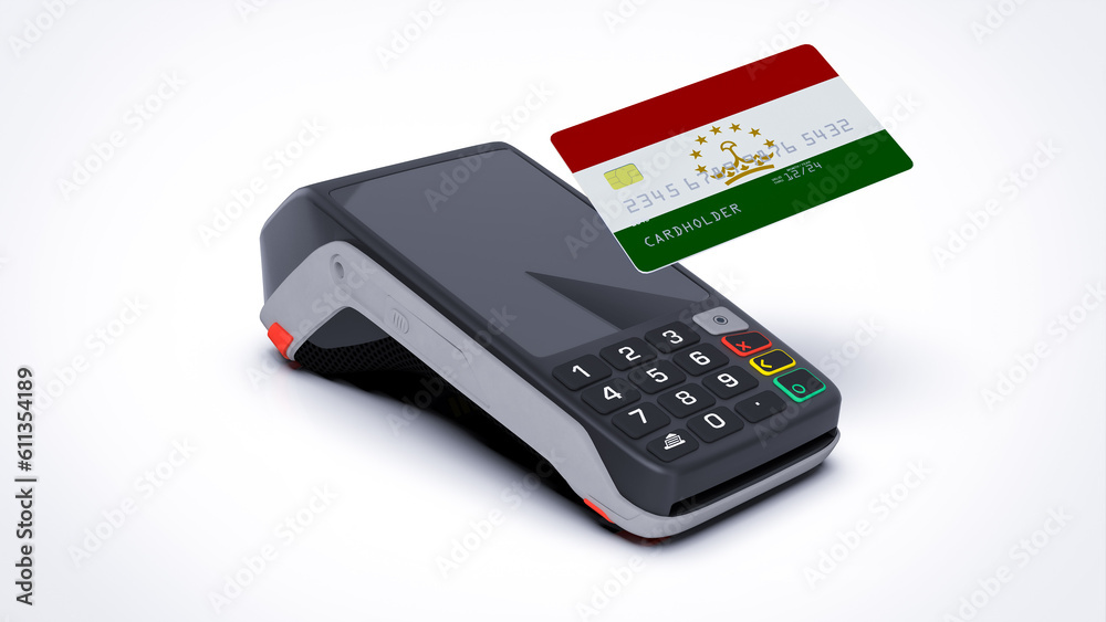Tajikistan country national flag on credit bank card with POS point of sale terminal payment isolated on white background with empty space 3d rendering image realistic mockup Tajikistan country national flag on credit bank card with POS point of sale terminal payment isolated on white background with empty space 3d rendering image realistic mockup