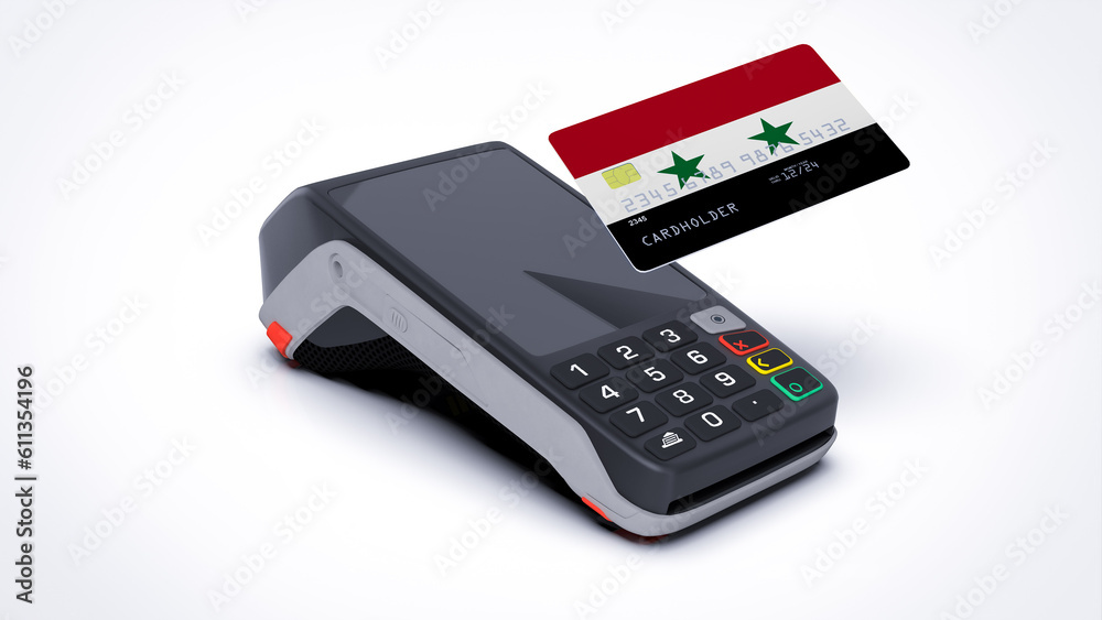 Syria country national flag on credit bank card with POS point of sale terminal payment isolated on white background with empty space 3d rendering image realistic mockup Syria country national flag on credit bank card with POS point of sale terminal payment isolated on white background with empty space 3d rendering image realistic mockup