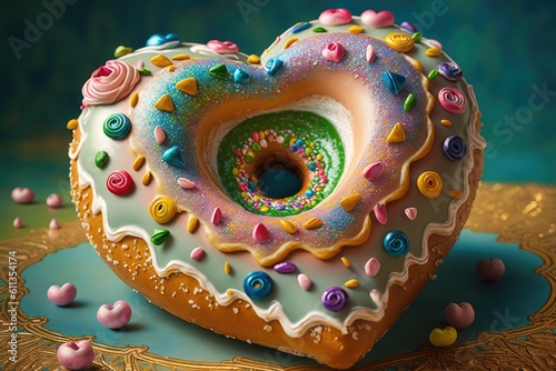 close-up of heart-shaped donut with colorful icing and sprinkles, created with generative ai © Alfazet Chronicles