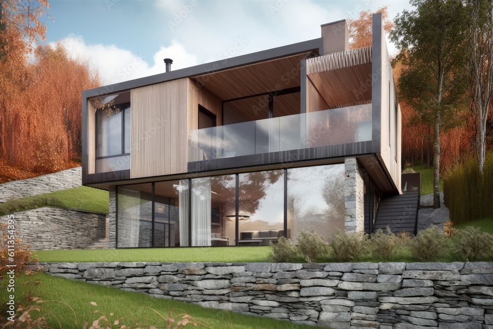 modern, minimalist house with glass facade, wooden frames and natural stone accents, created with generative ai