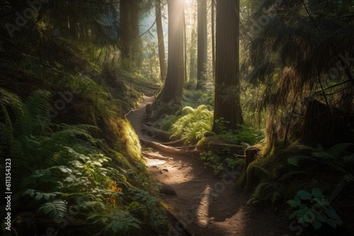 hiking trail leading through lush forest  with sunlight filtering through the trees  created with generative ai