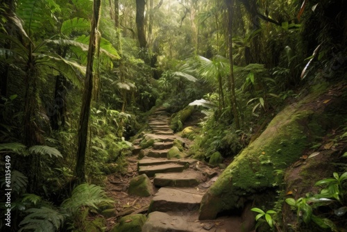 hiking trail meandering through lush rainforest  with towering trees and cascading waterfalls  created with generative ai