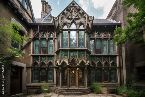 neogothic exterior with intricate woodwork and stained glass windows, created with generative ai photo
