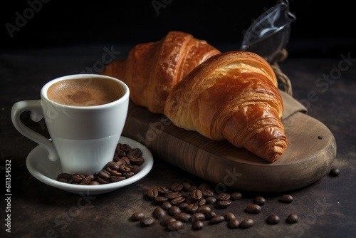 coffee and croissant pairing, with a mug of hot coffee and pastry for breakfast or brunch, created with generative ai