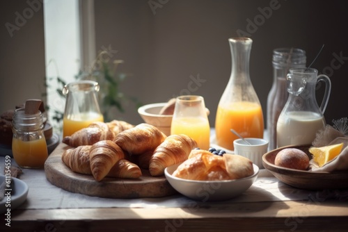 table setting with croissants, jams and pastries for breakfast or brunch, created with generative ai