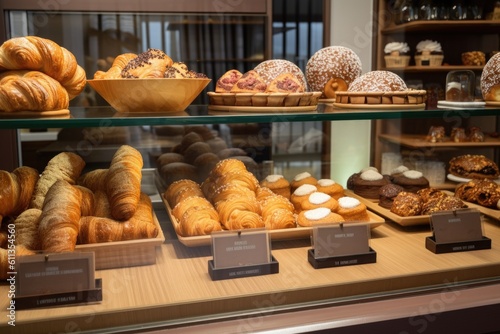 display of croissants and pastries in bakery, with selection of cookies and cakes visible, created with generative ai