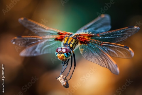 macro shot of dragonfly in flight, its vibrant colors and patterns clearly visible, created with generative ai