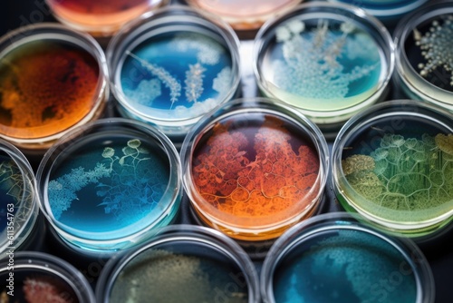 microbial cultures in petri dishes, arranged in geometric patterns, created with generative ai