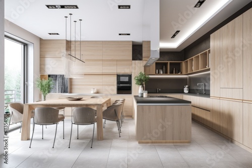 minimalist kitchen, with sleek appliances and open shelving, created with generative ai