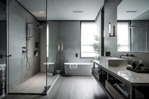 a minimalist bathroom, with sleek fixtures and clear lines, created with generative ai