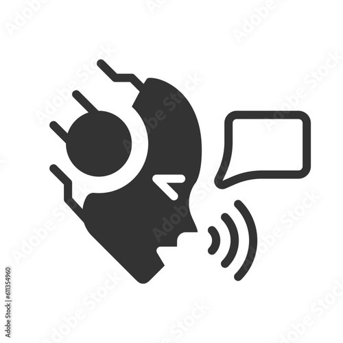 AI speaks black linear glyph icon. Artificial intelligence technology. Voice assistant. Speech patterns. Negative space silhouette symbol. Solid pictogram. Vector isolated illustration